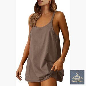 Athletic Mini Dress with Built-in Shorts, Spaghetti Straps, V-Neck, Polyester
